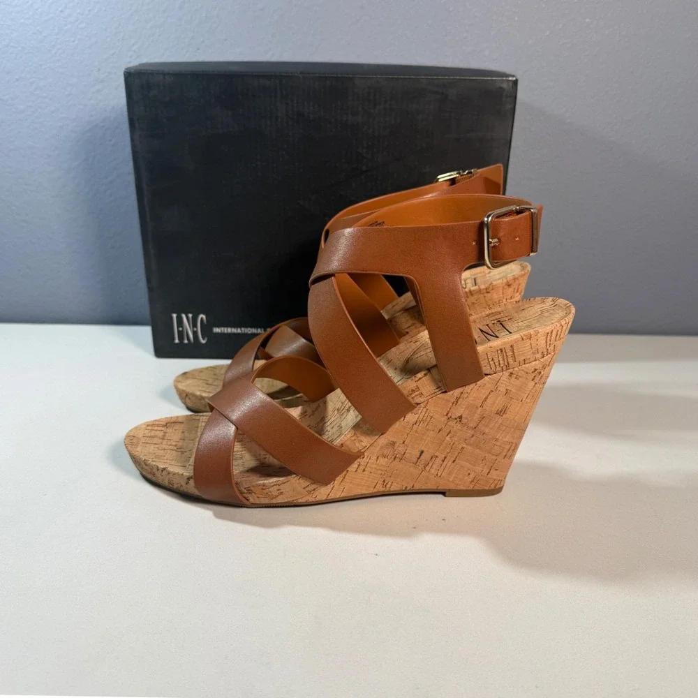 INC Landor Wedge Sandals Womens 11 Brown Strappy Cork Heel